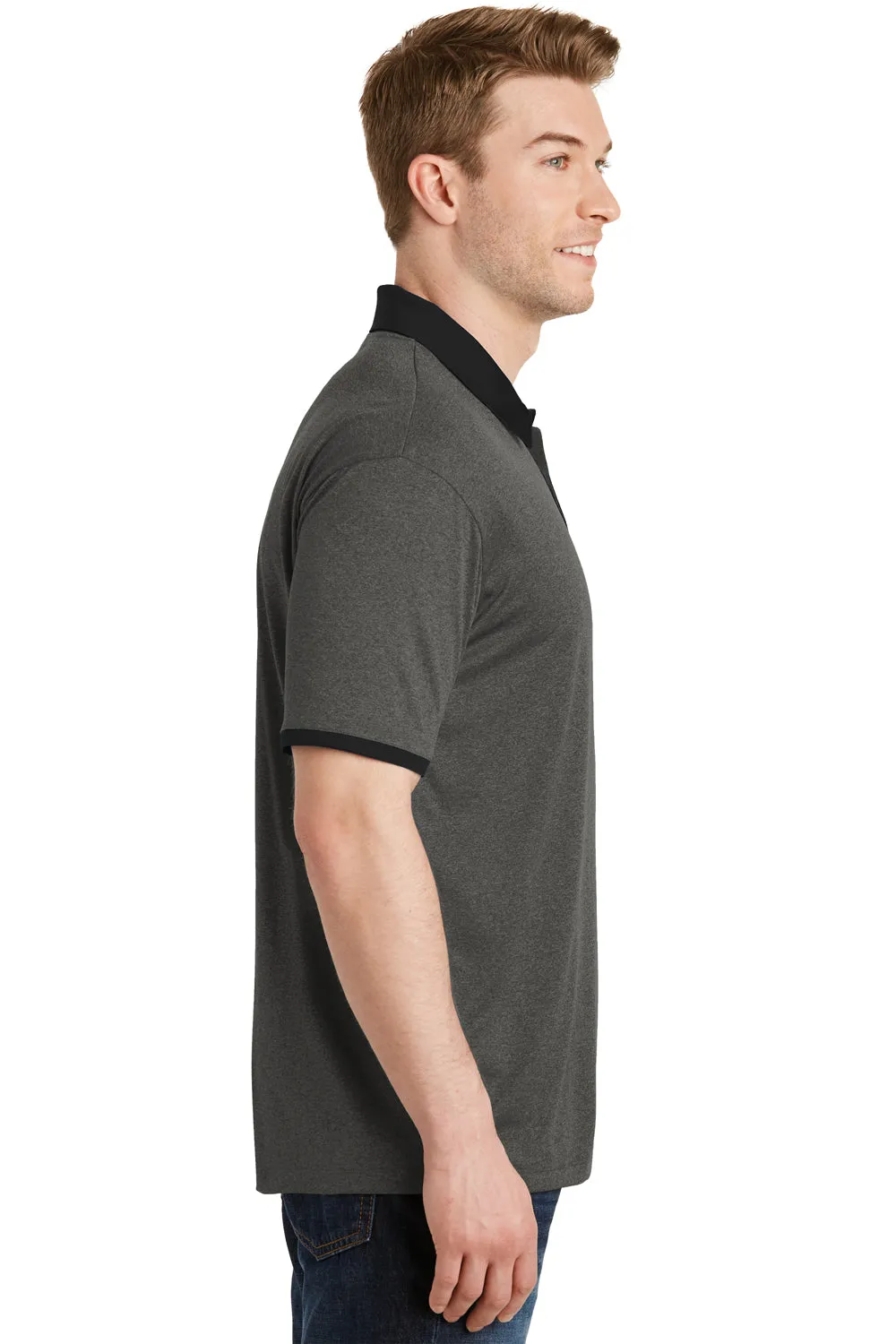 Sport-Tek Mens Heather Contender Moisture Wicking Short Sleeve Polo Shirt - Heather Graphite Grey/Black - Closeout