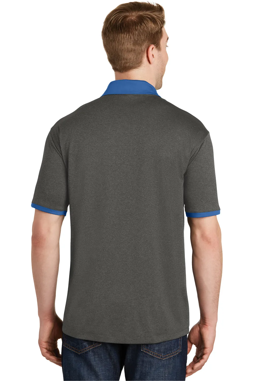 Sport-Tek Mens Heather Contender Moisture Wicking Short Sleeve Polo Shirt - Heather Graphite Grey/True Royal Blue - Closeout