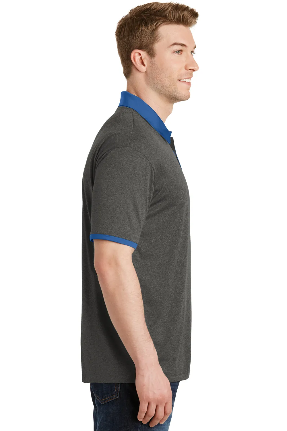 Sport-Tek Mens Heather Contender Moisture Wicking Short Sleeve Polo Shirt - Heather Graphite Grey/True Royal Blue - Closeout