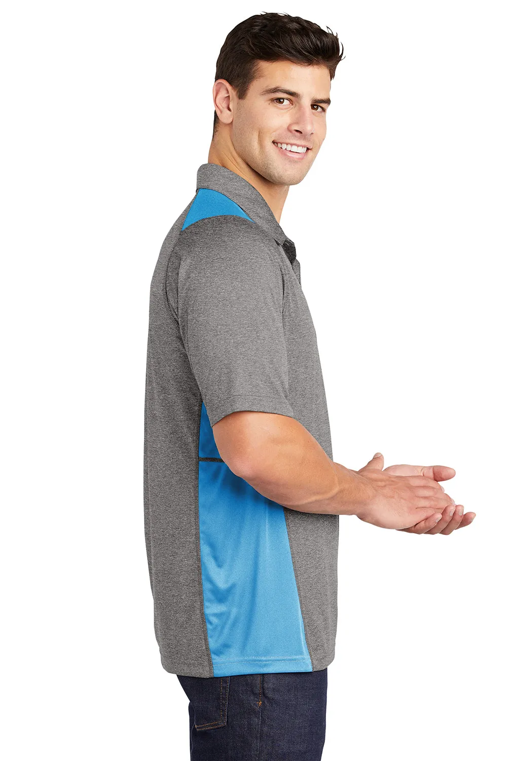 Sport-Tek Mens Heather Contender Moisture Wicking Short Sleeve Polo Shirt - Heather Vintage Grey/Carolina Blue - Closeout