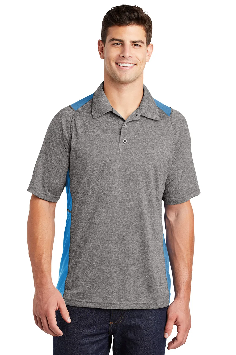 Sport-Tek Mens Heather Contender Moisture Wicking Short Sleeve Polo Shirt - Heather Vintage Grey/Carolina Blue - Closeout