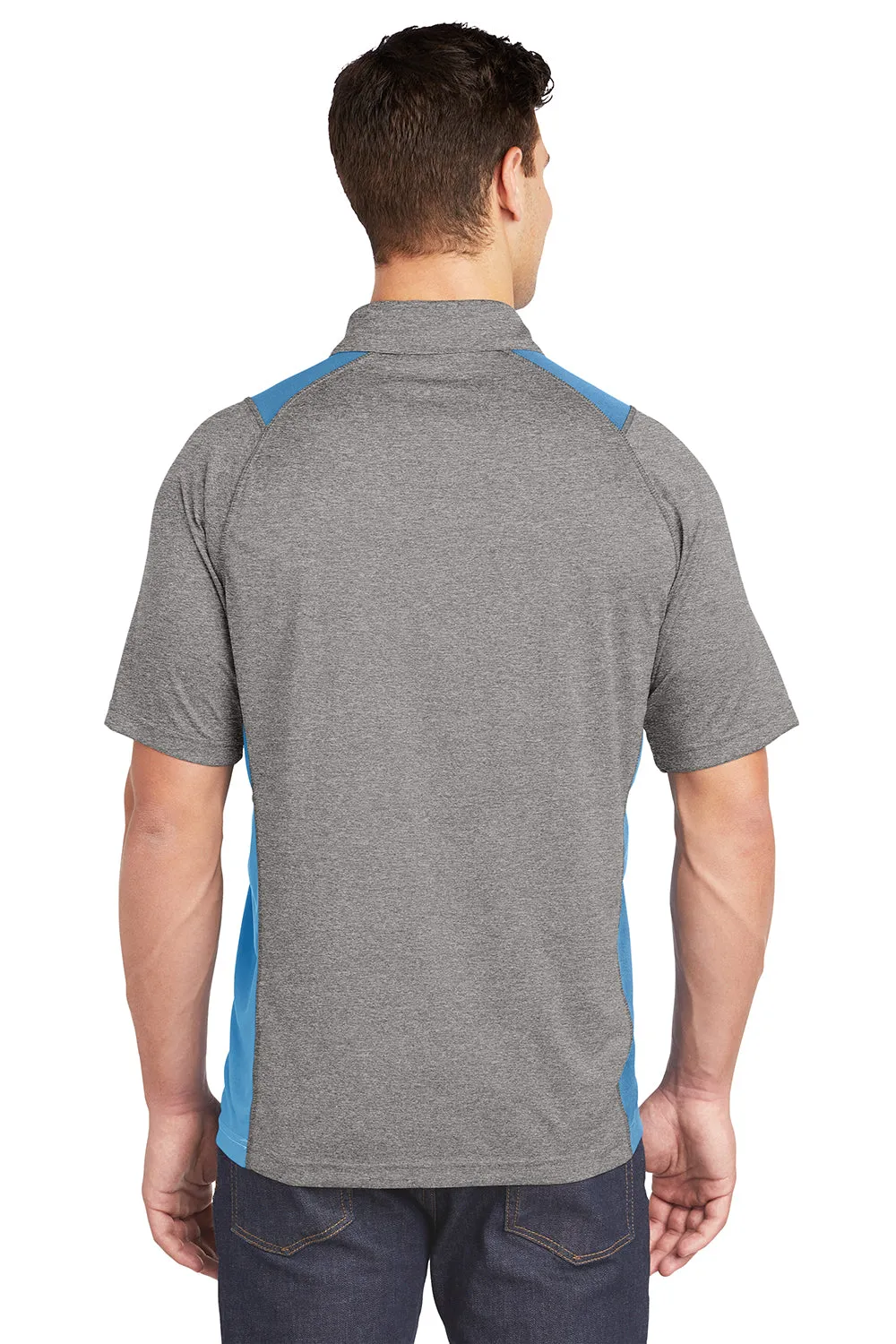 Sport-Tek Mens Heather Contender Moisture Wicking Short Sleeve Polo Shirt - Heather Vintage Grey/Carolina Blue - Closeout