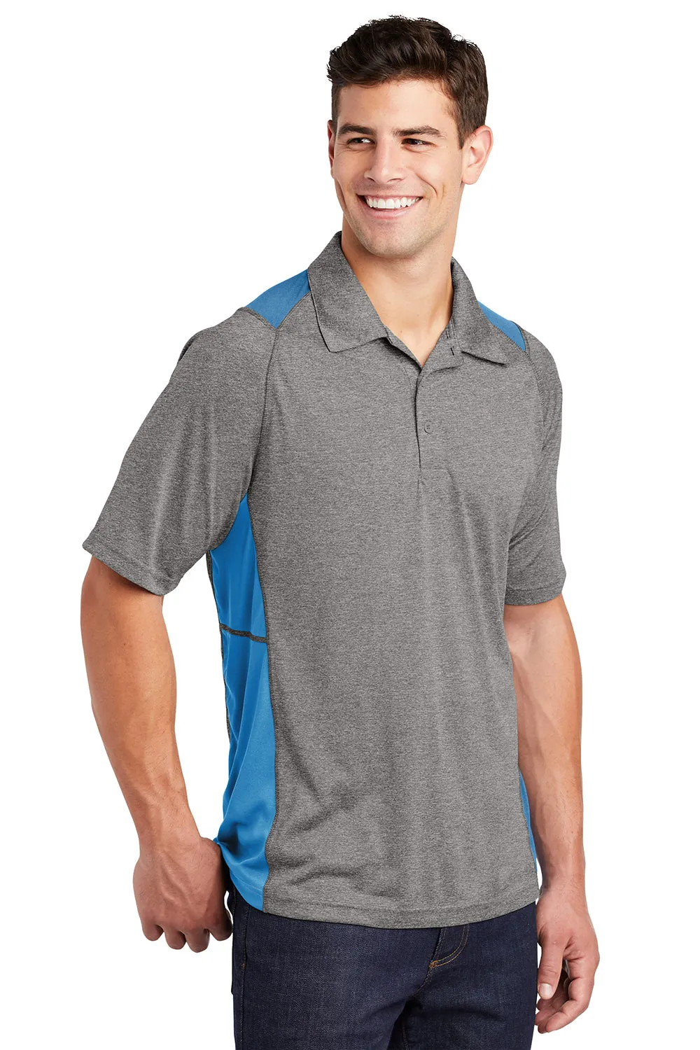 Sport-Tek Mens Heather Contender Moisture Wicking Short Sleeve Polo Shirt - Heather Vintage Grey/Carolina Blue - Closeout