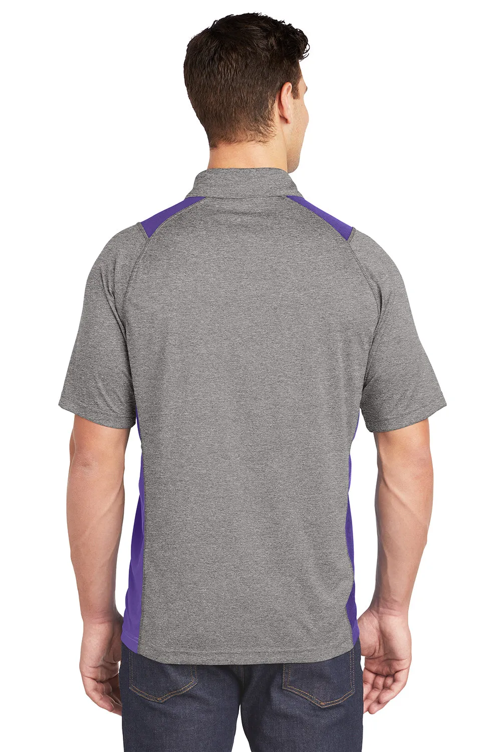 Sport-Tek Mens Heather Contender Moisture Wicking Short Sleeve Polo Shirt - Heather Vintage Grey/Purple