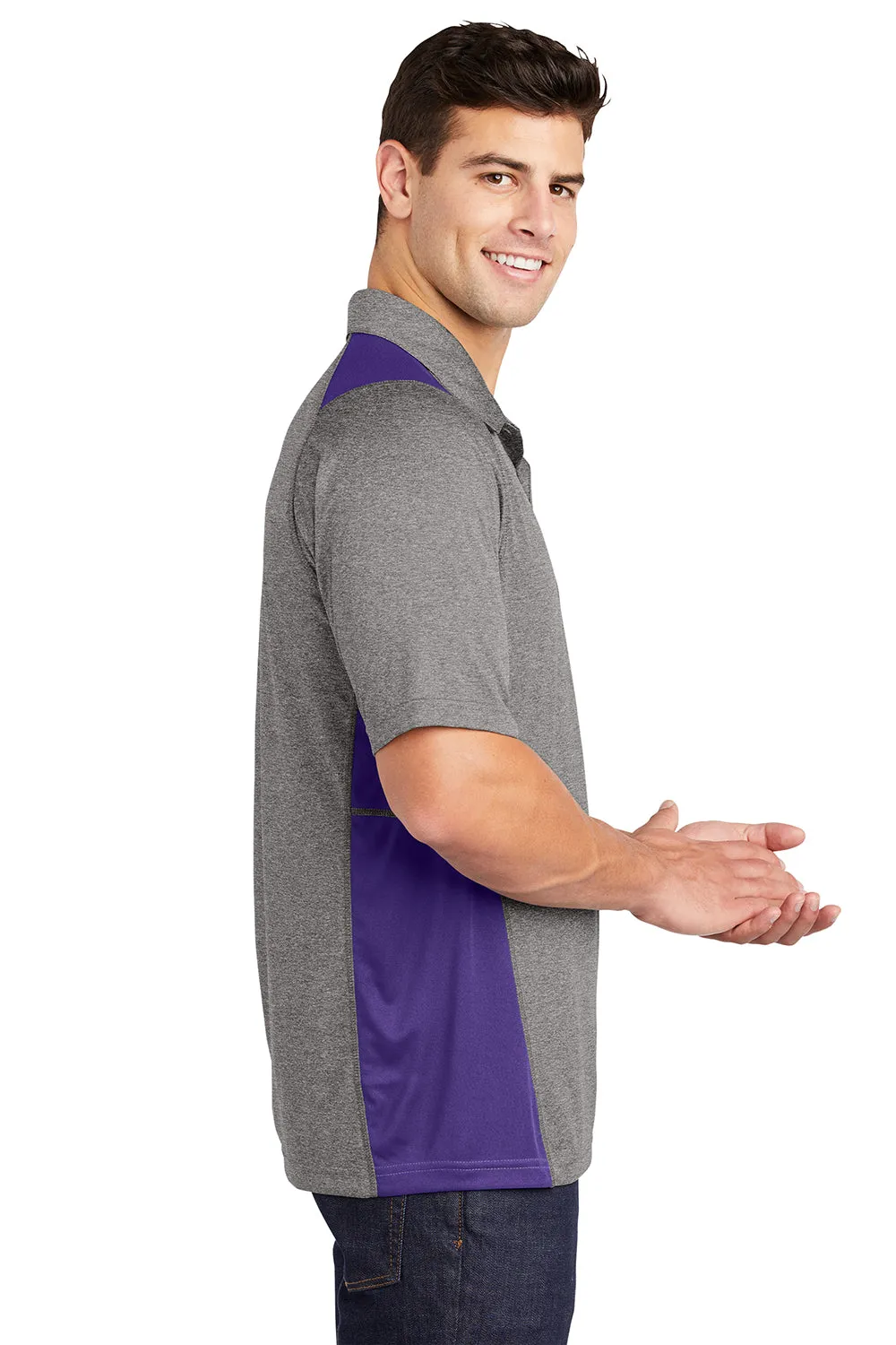 Sport-Tek Mens Heather Contender Moisture Wicking Short Sleeve Polo Shirt - Heather Vintage Grey/Purple