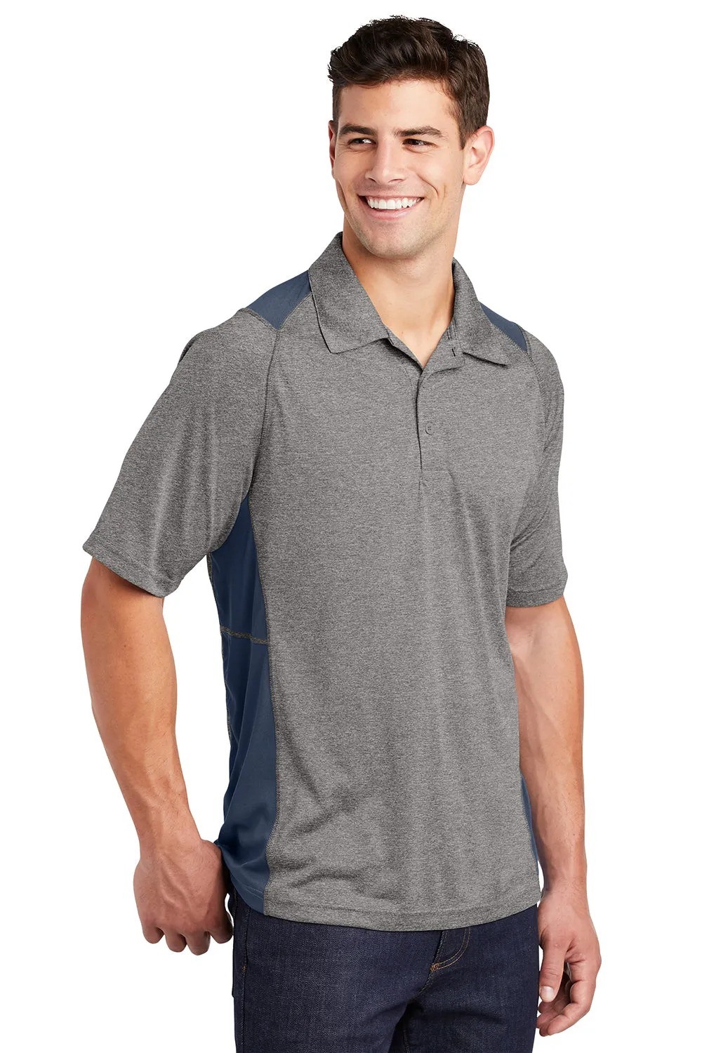 Sport-Tek Mens Heather Contender Moisture Wicking Short Sleeve Polo Shirt - Heather Vintage Grey/True Navy Blue