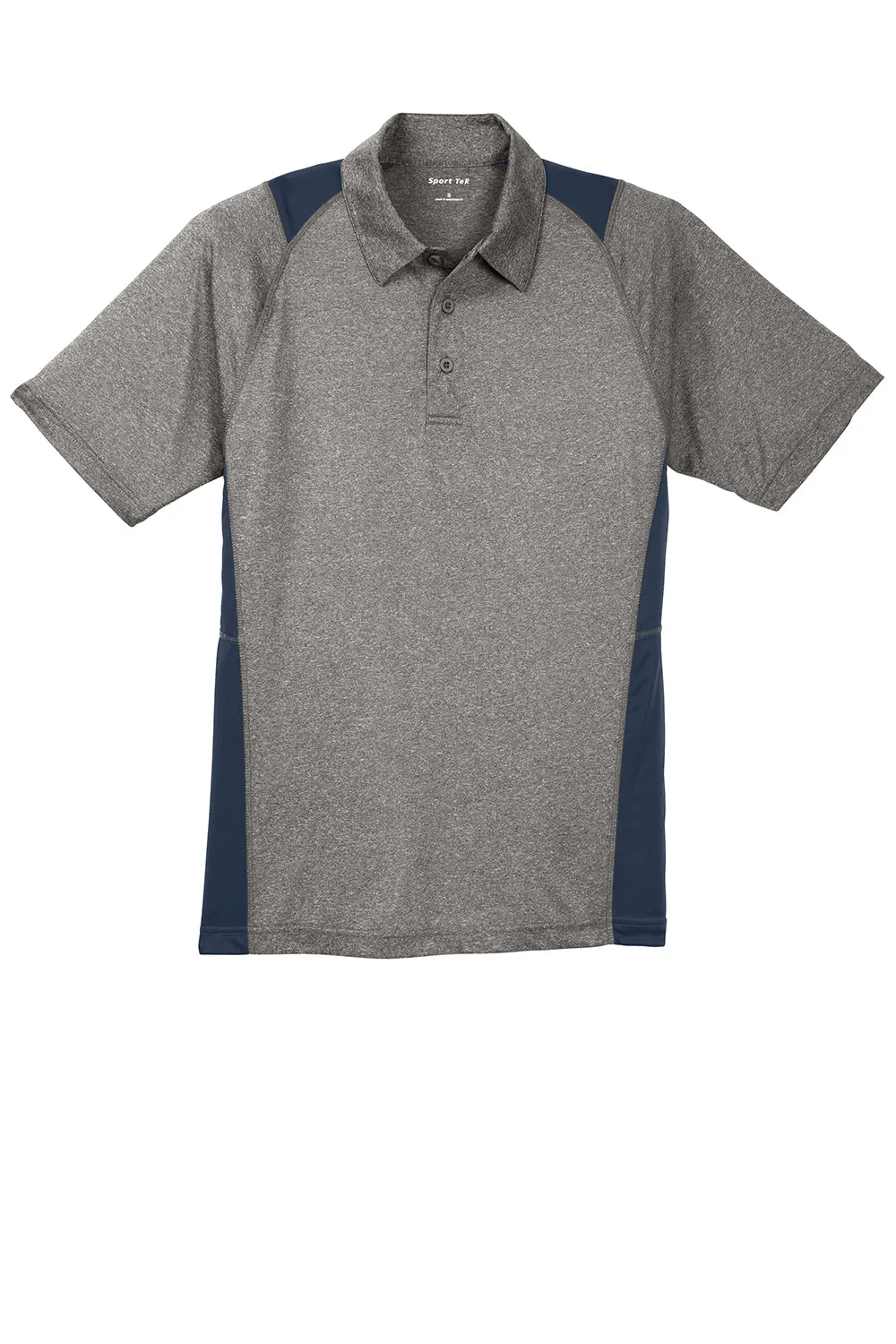 Sport-Tek Mens Heather Contender Moisture Wicking Short Sleeve Polo Shirt - Heather Vintage Grey/True Navy Blue