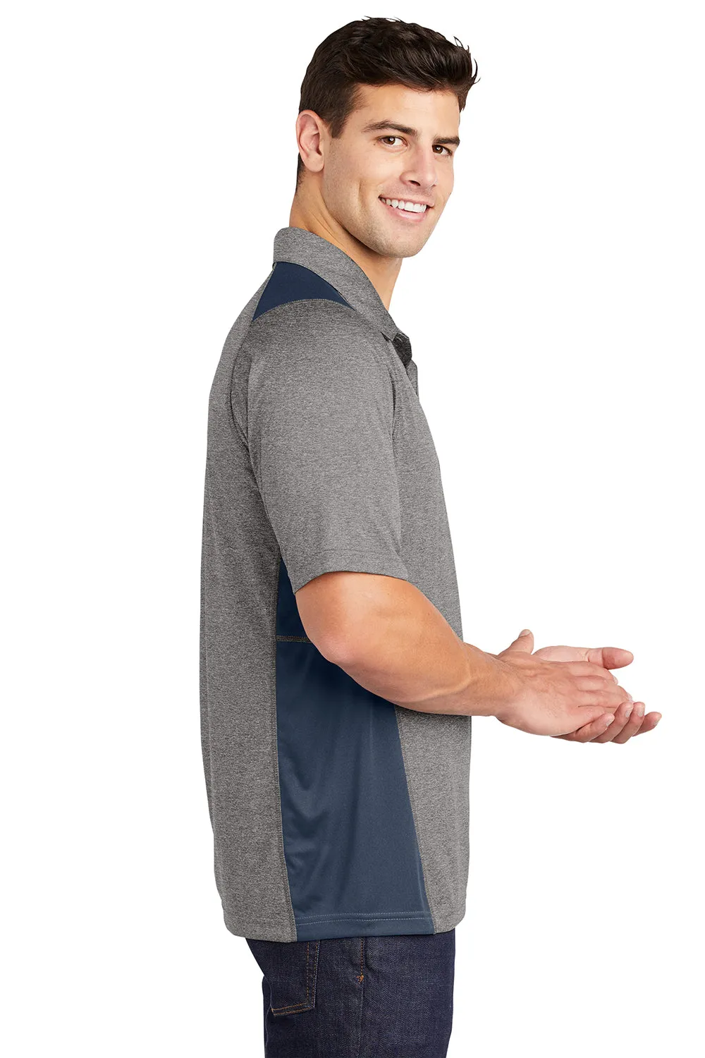 Sport-Tek Mens Heather Contender Moisture Wicking Short Sleeve Polo Shirt - Heather Vintage Grey/True Navy Blue