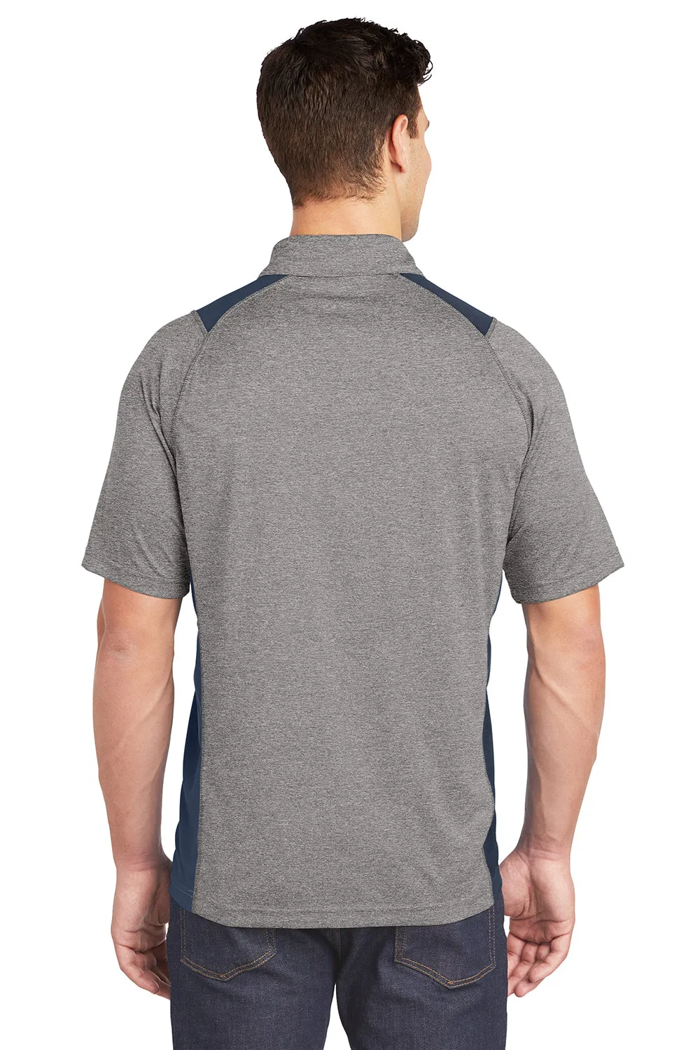 Sport-Tek Mens Heather Contender Moisture Wicking Short Sleeve Polo Shirt - Heather Vintage Grey/True Navy Blue