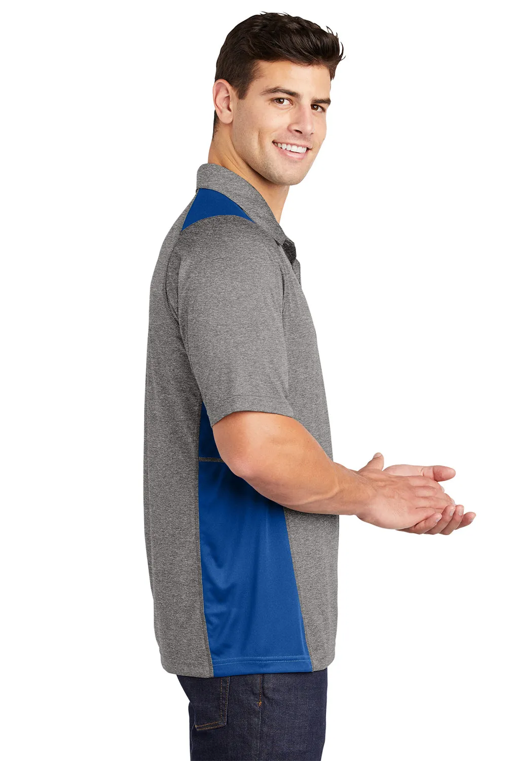 Sport-Tek Mens Heather Contender Moisture Wicking Short Sleeve Polo Shirt - Heather Vintage Grey/True Royal Blue