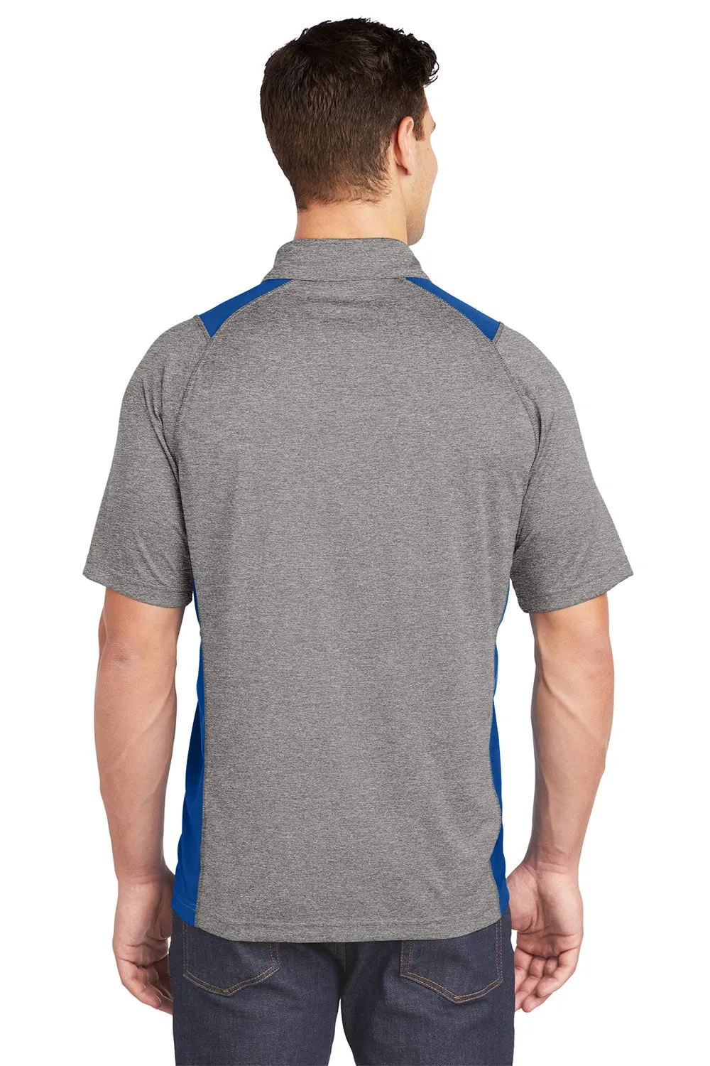 Sport-Tek Mens Heather Contender Moisture Wicking Short Sleeve Polo Shirt - Heather Vintage Grey/True Royal Blue