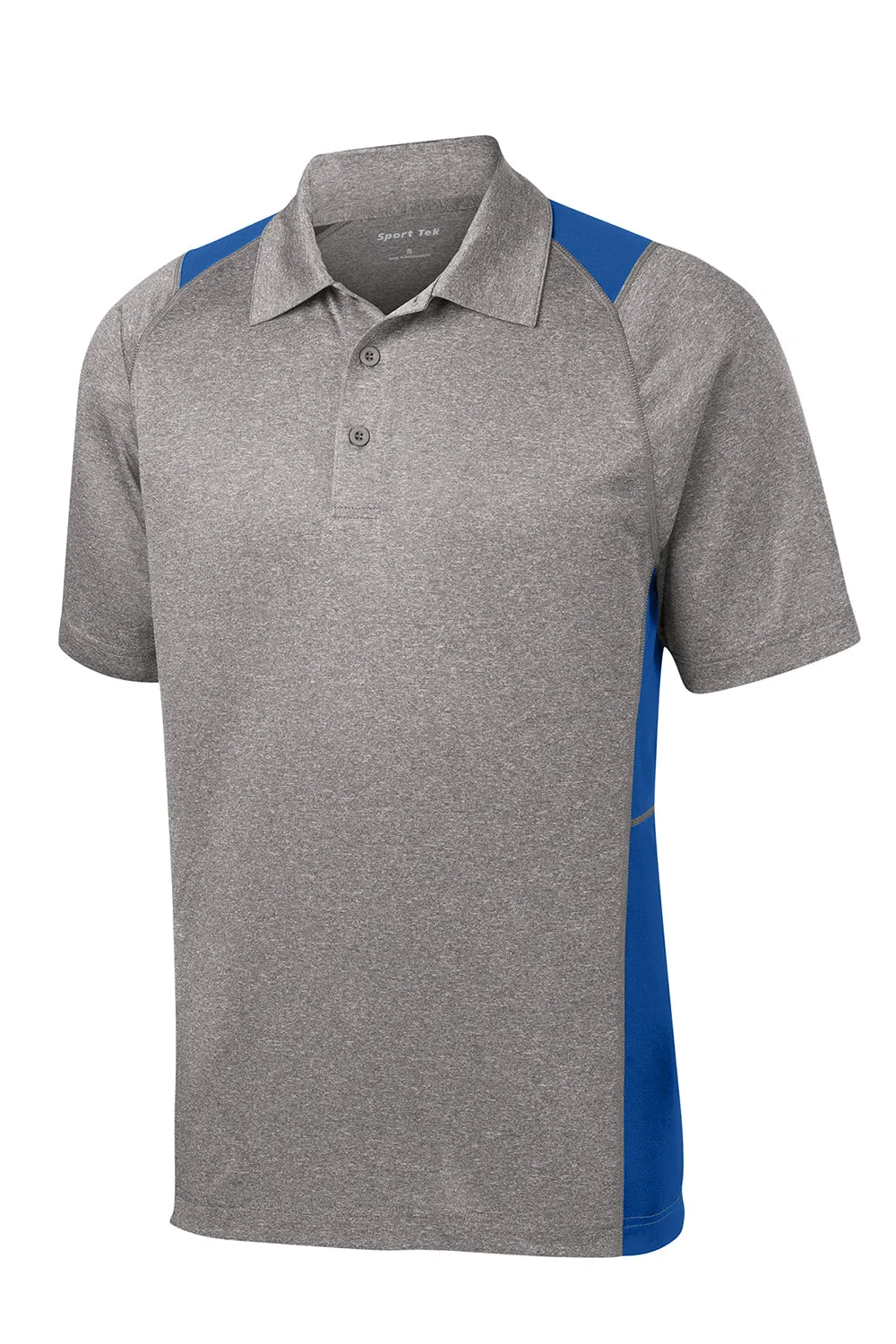 Sport-Tek Mens Heather Contender Moisture Wicking Short Sleeve Polo Shirt - Heather Vintage Grey/True Royal Blue