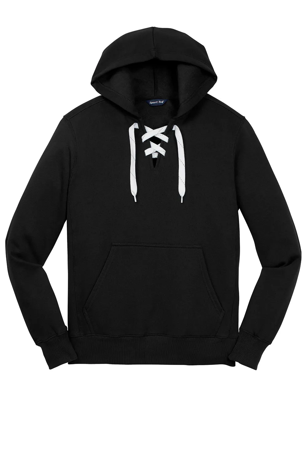 Sport-Tek Mens Lace Up Fleece Hooded Sweatshirt Hoodie w/ Pouch Pocket - Black