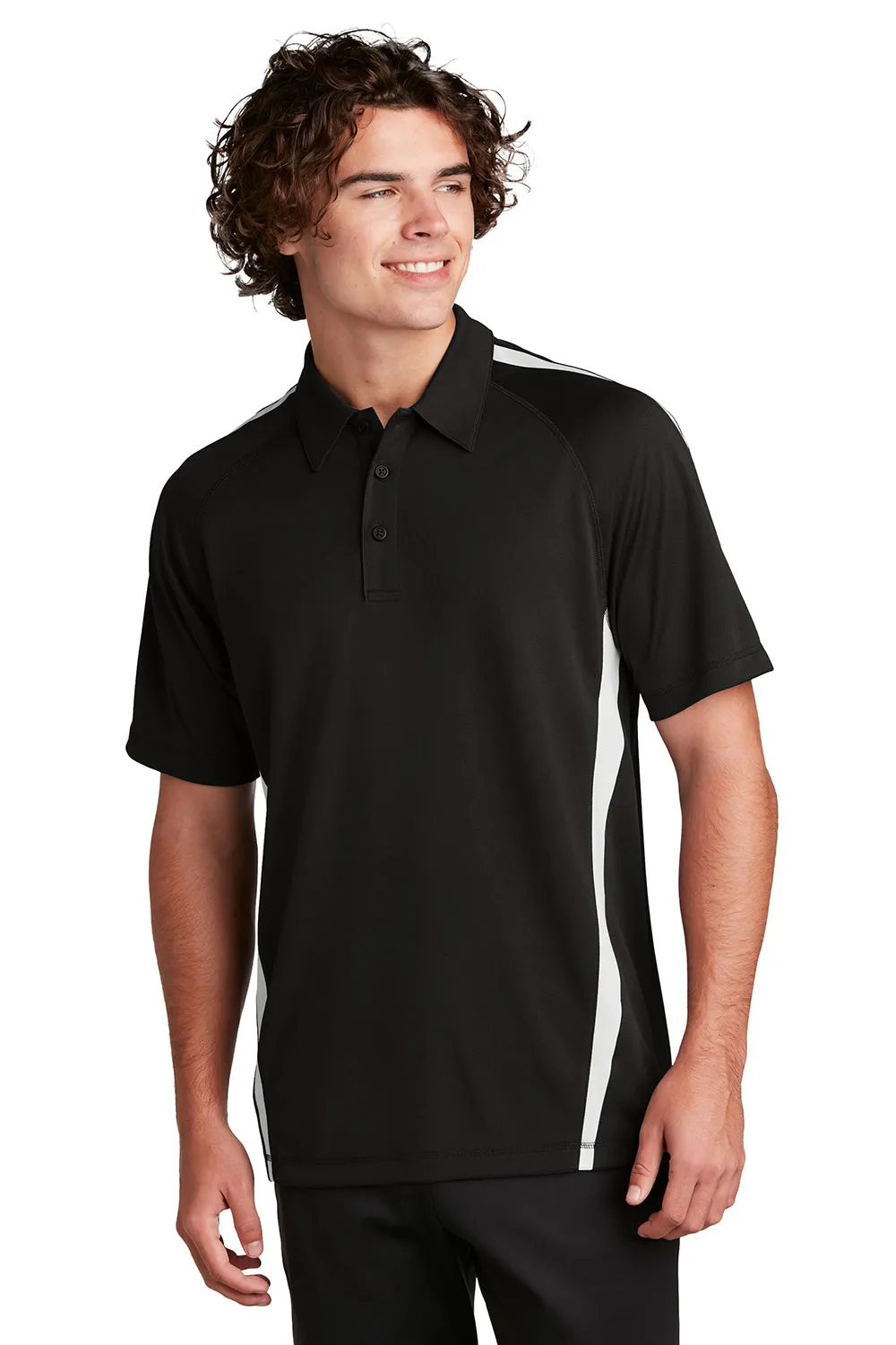 Sport-Tek Mens Micro-Mesh Moisture Wicking Short Sleeve Polo Shirt - Black/White