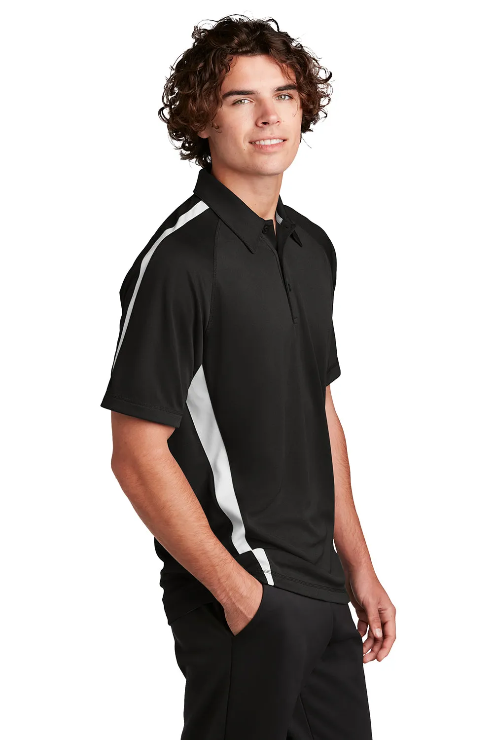 Sport-Tek Mens Micro-Mesh Moisture Wicking Short Sleeve Polo Shirt - Black/White