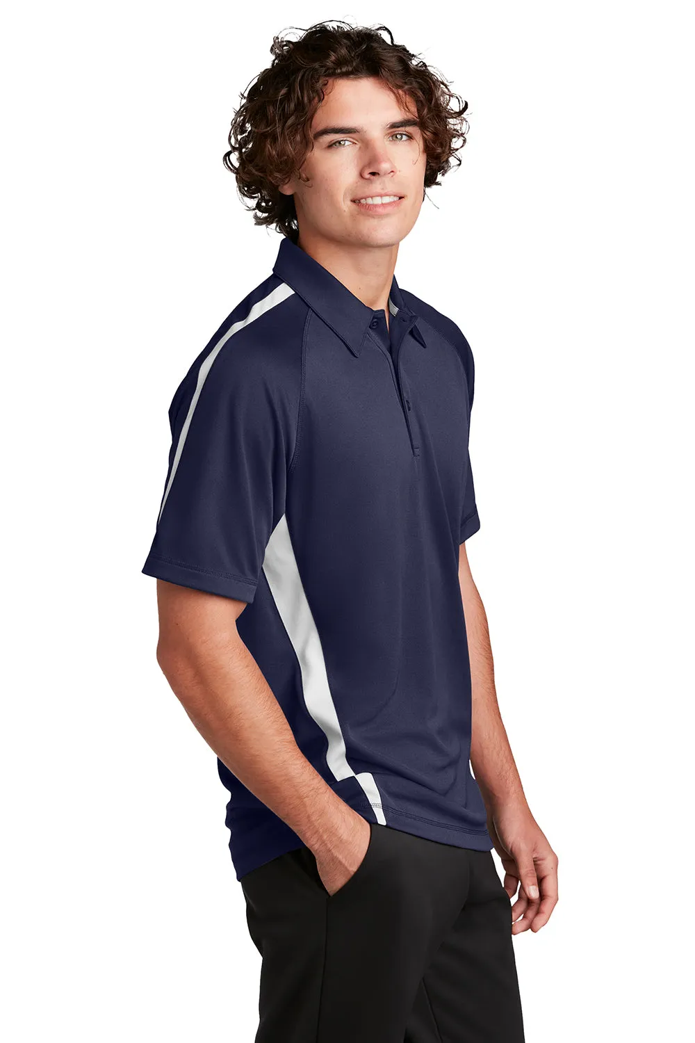 Sport-Tek Mens Micro-Mesh Moisture Wicking Short Sleeve Polo Shirt - True Navy Blue/White