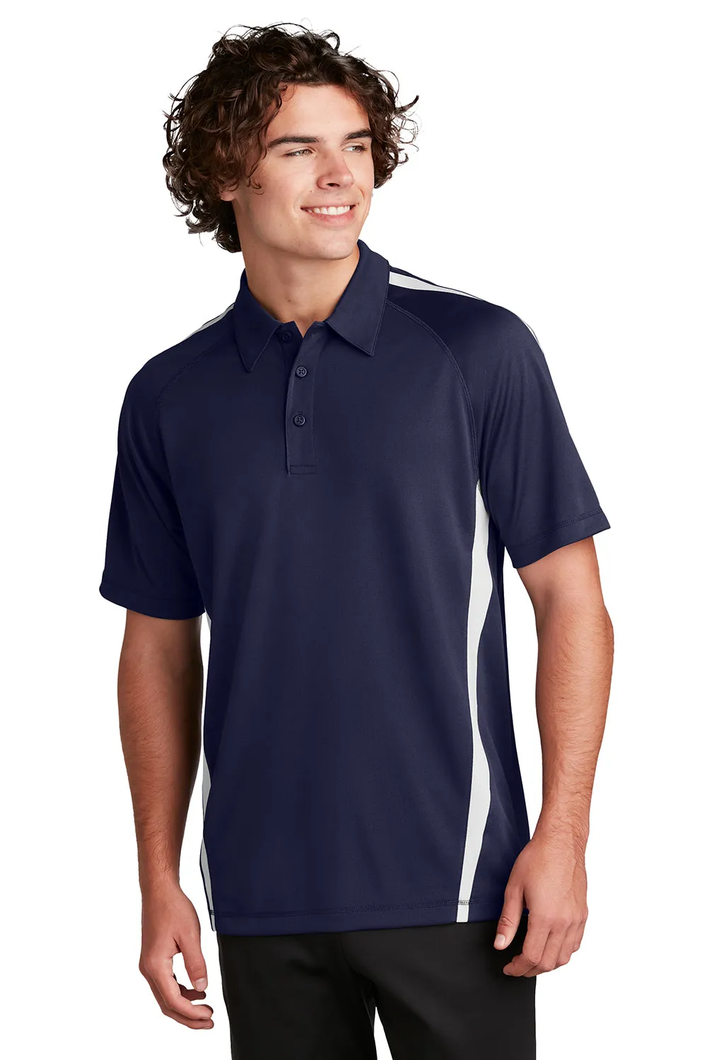 Sport-Tek Mens Micro-Mesh Moisture Wicking Short Sleeve Polo Shirt - True Navy Blue/White