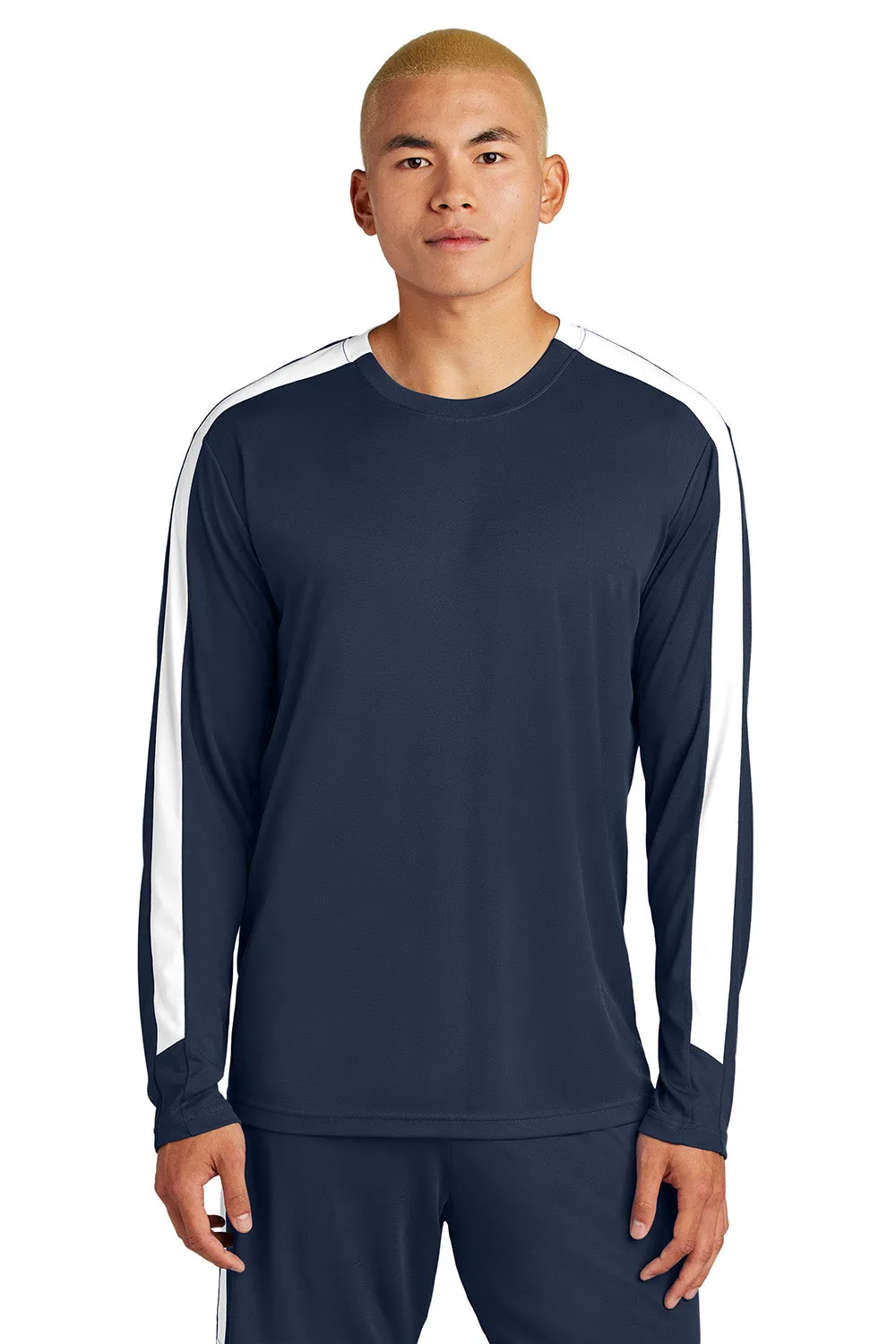 Sport-Tek Mens Moisture Wicking Competitor United Long Sleeve Crewneck T-Shirt - True Navy Blue/White