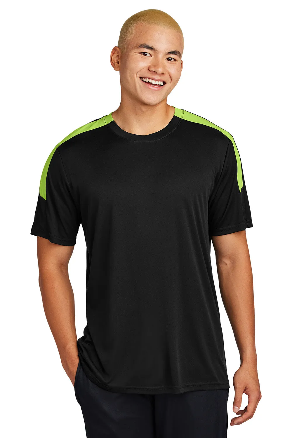 Sport-Tek Mens Moisture Wicking Competitor United Short Sleeve Crewneck T-Shirt - Black/Lime Shock Green