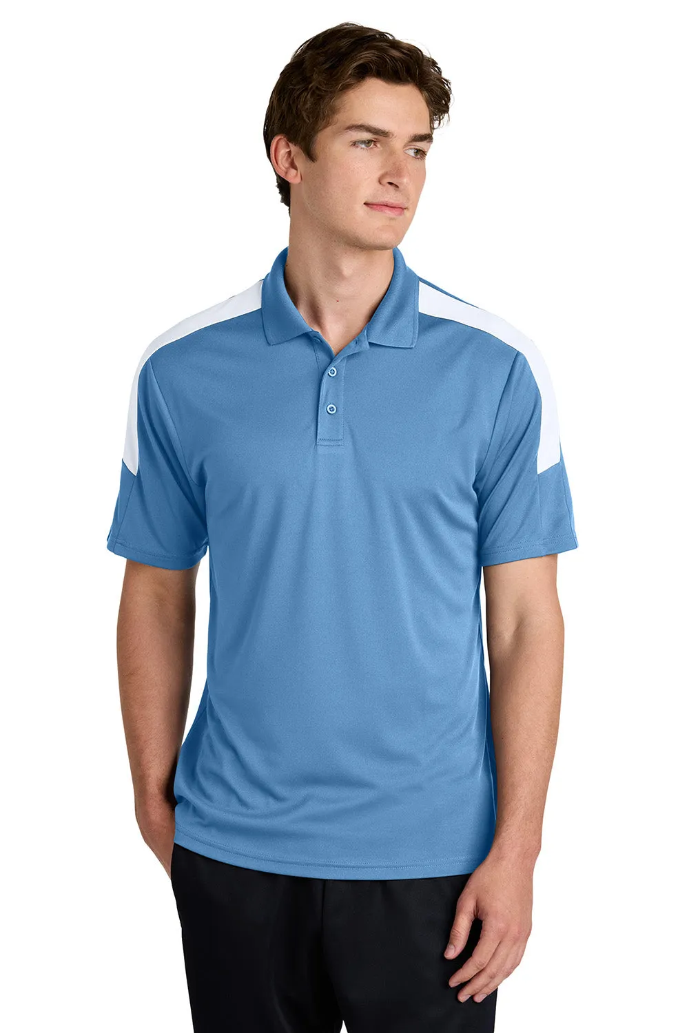 Sport-Tek Mens Moisture Wicking Competitor United Short Sleeve Polo Shirt - Carolina Blue/White