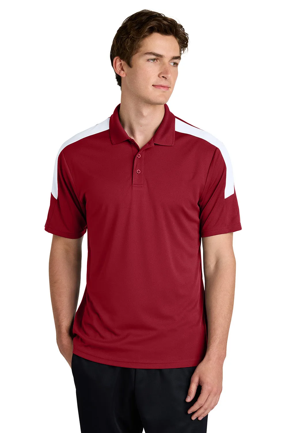 Sport-Tek Mens Moisture Wicking Competitor United Short Sleeve Polo Shirt - Deep Red/White