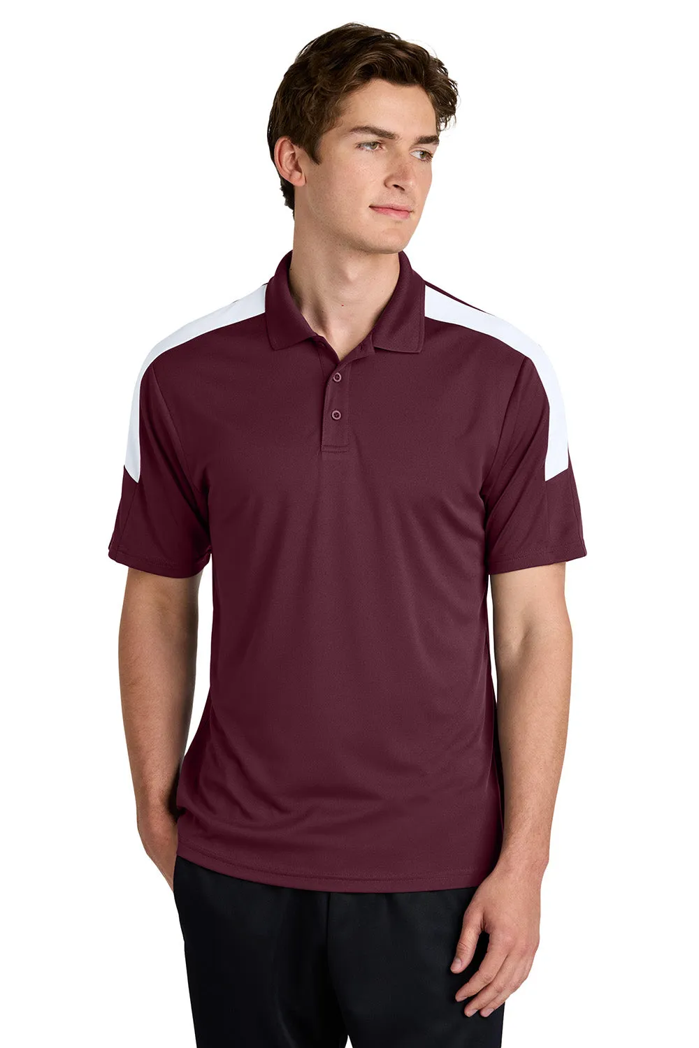 Sport-Tek Mens Moisture Wicking Competitor United Short Sleeve Polo Shirt - Maroon/White