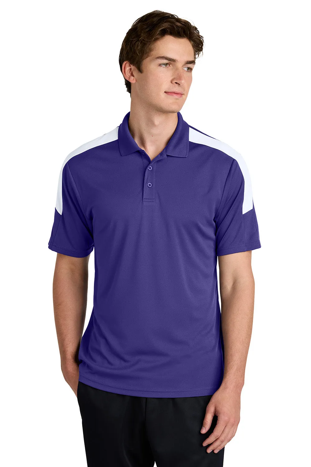 Sport-Tek Mens Moisture Wicking Competitor United Short Sleeve Polo Shirt - Purple/White