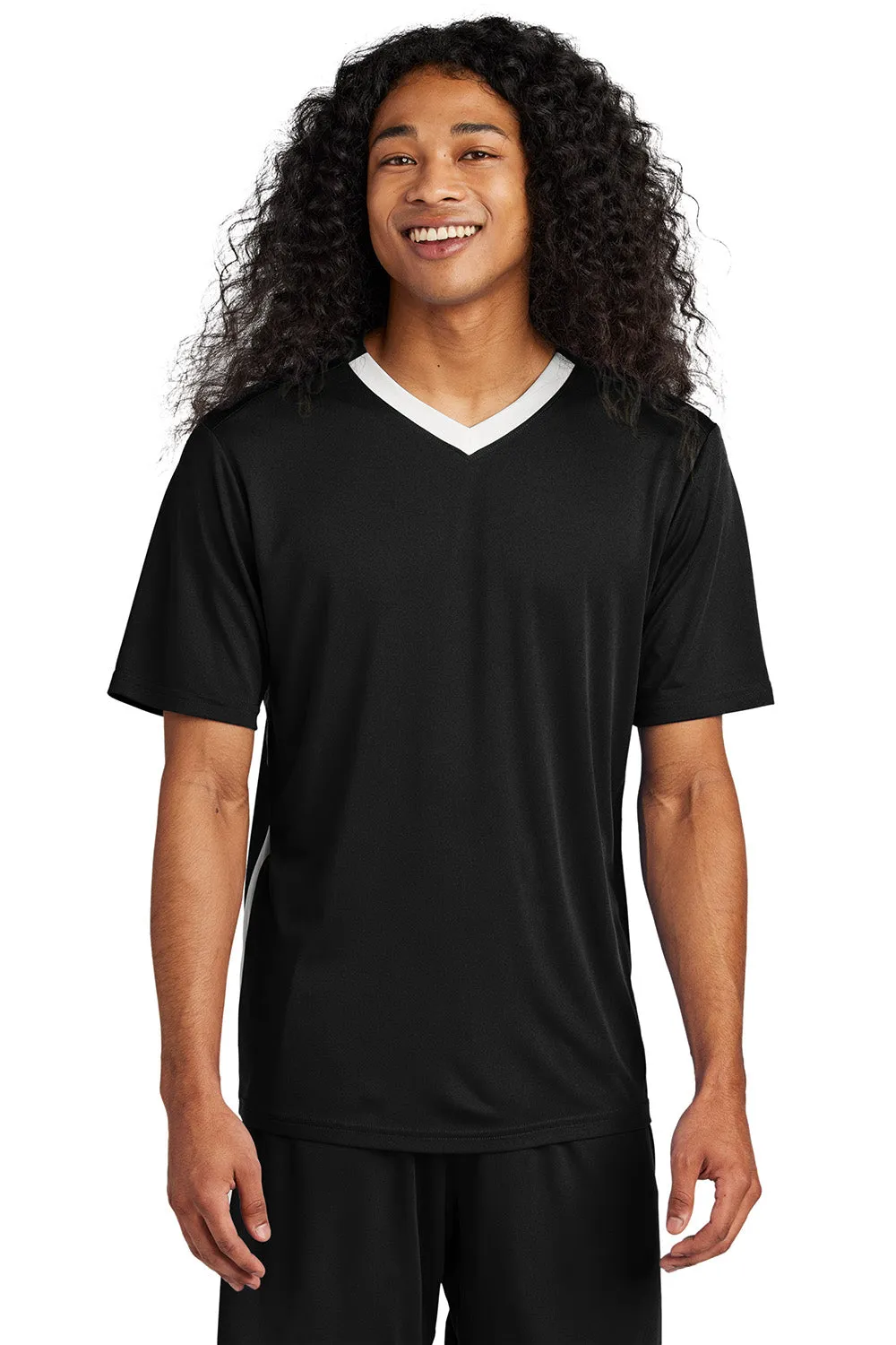 Sport-Tek Mens Moisture Wicking Competitor United Short Sleeve V-Neck T-Shirt - Black/White