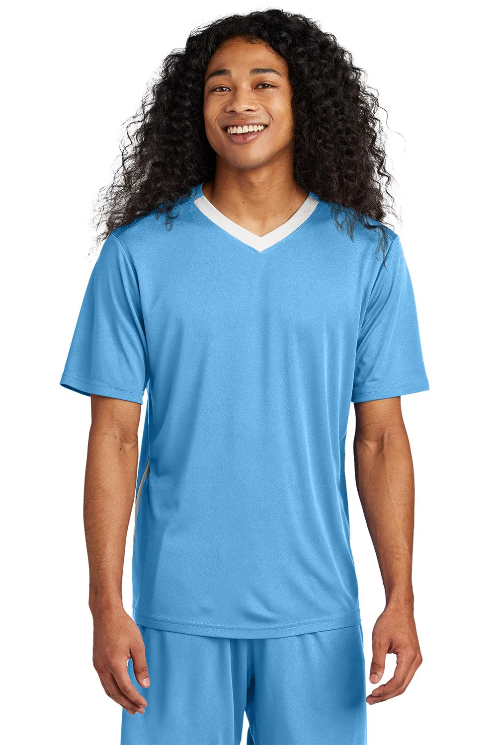 Sport-Tek Mens Moisture Wicking Competitor United Short Sleeve V-Neck T-Shirt - Carolina Blue/White