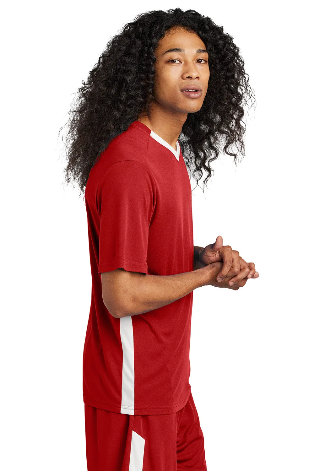 Sport-Tek Mens Moisture Wicking Competitor United Short Sleeve V-Neck T-Shirt - Deep Red/White