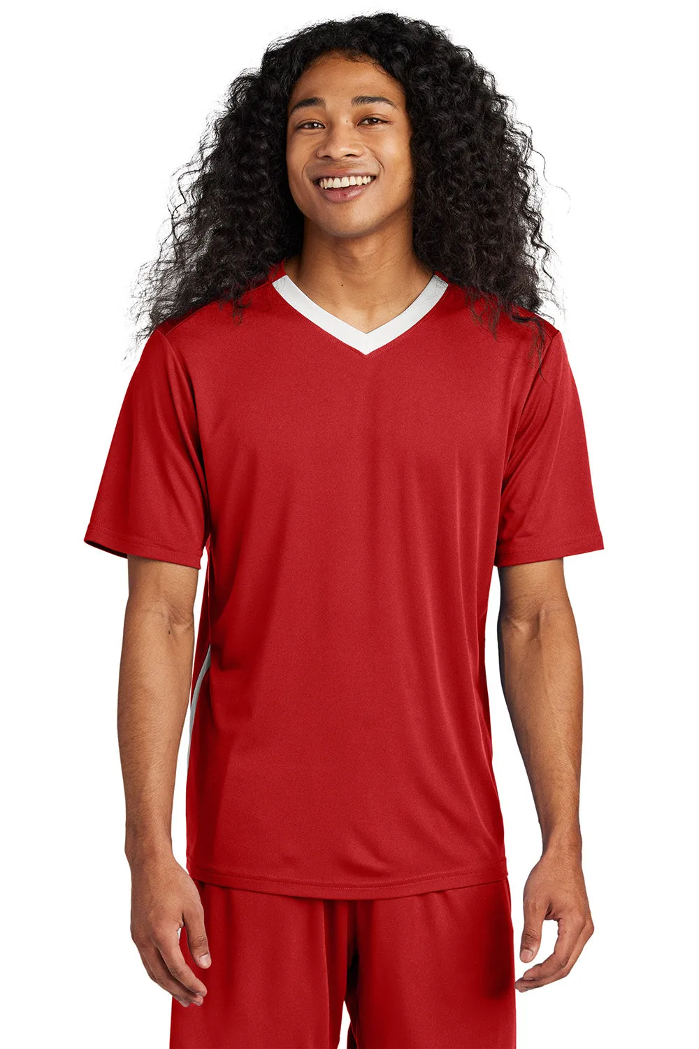 Sport-Tek Mens Moisture Wicking Competitor United Short Sleeve V-Neck T-Shirt - Deep Red/White