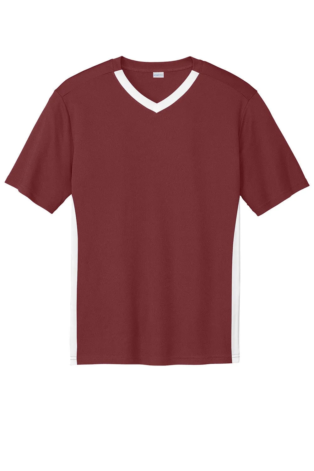 Sport-Tek Mens Moisture Wicking Competitor United Short Sleeve V-Neck T-Shirt - Maroon/White