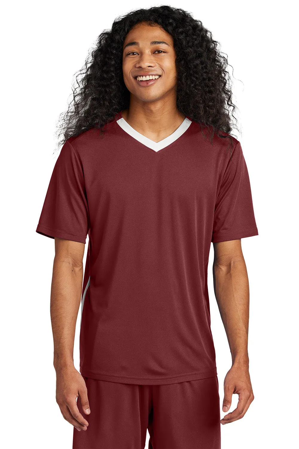 Sport-Tek Mens Moisture Wicking Competitor United Short Sleeve V-Neck T-Shirt - Maroon/White