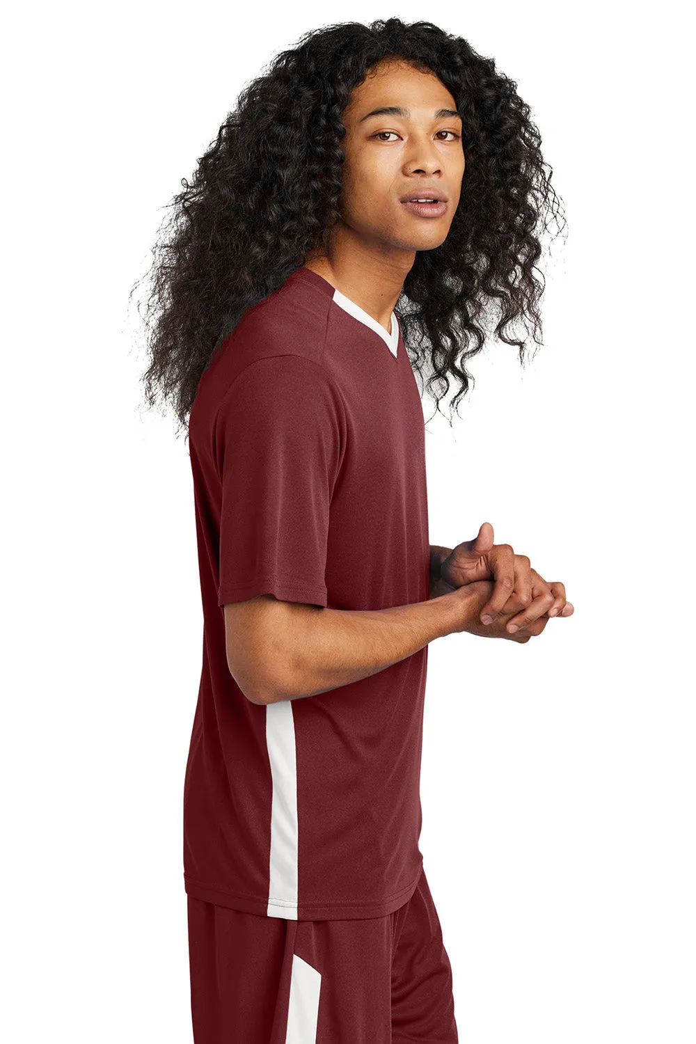 Sport-Tek Mens Moisture Wicking Competitor United Short Sleeve V-Neck T-Shirt - Maroon/White