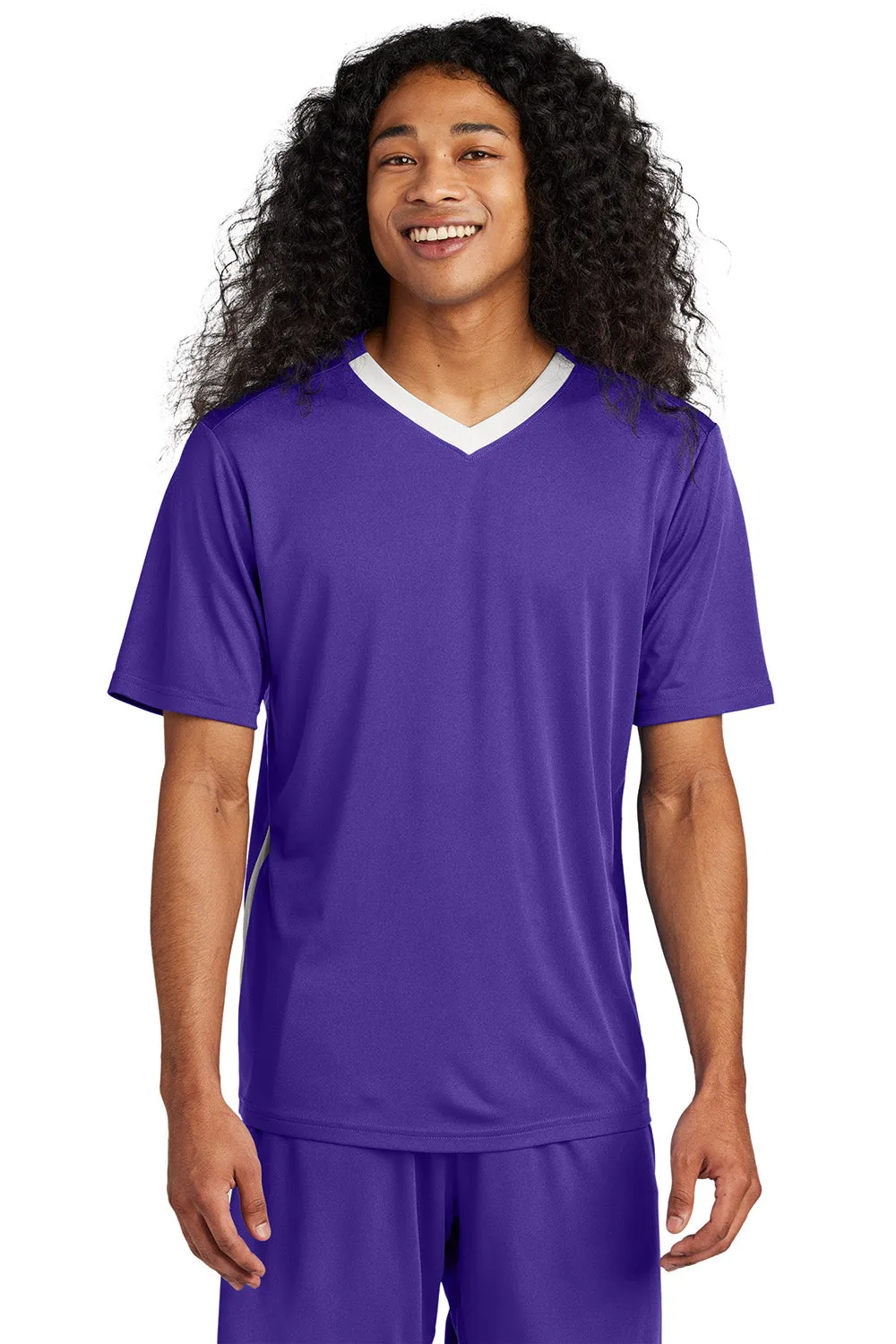 Sport-Tek Mens Moisture Wicking Competitor United Short Sleeve V-Neck T-Shirt - Purple/White