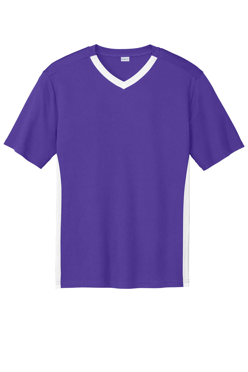 Sport-Tek Mens Moisture Wicking Competitor United Short Sleeve V-Neck T-Shirt - Purple/White