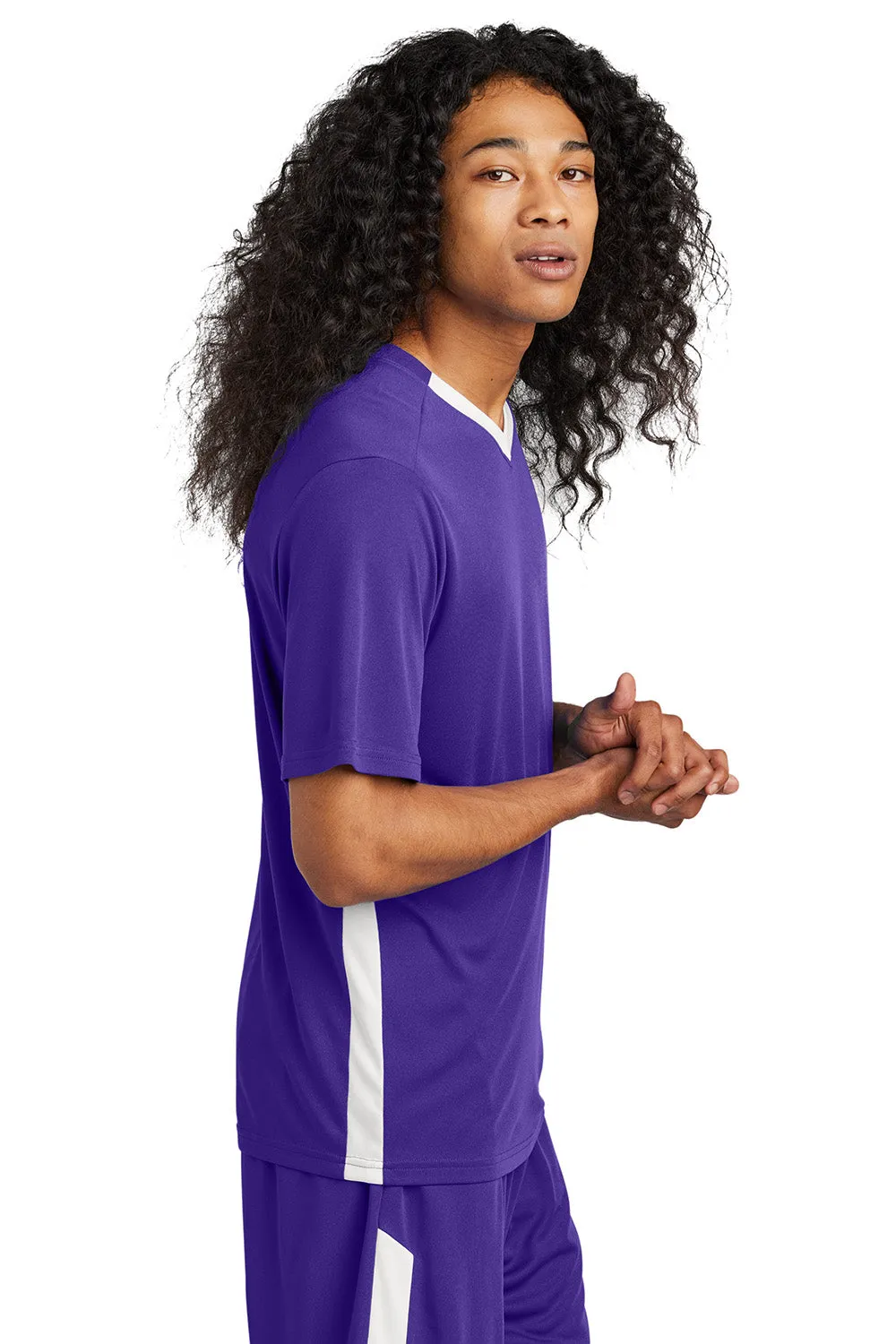 Sport-Tek Mens Moisture Wicking Competitor United Short Sleeve V-Neck T-Shirt - Purple/White
