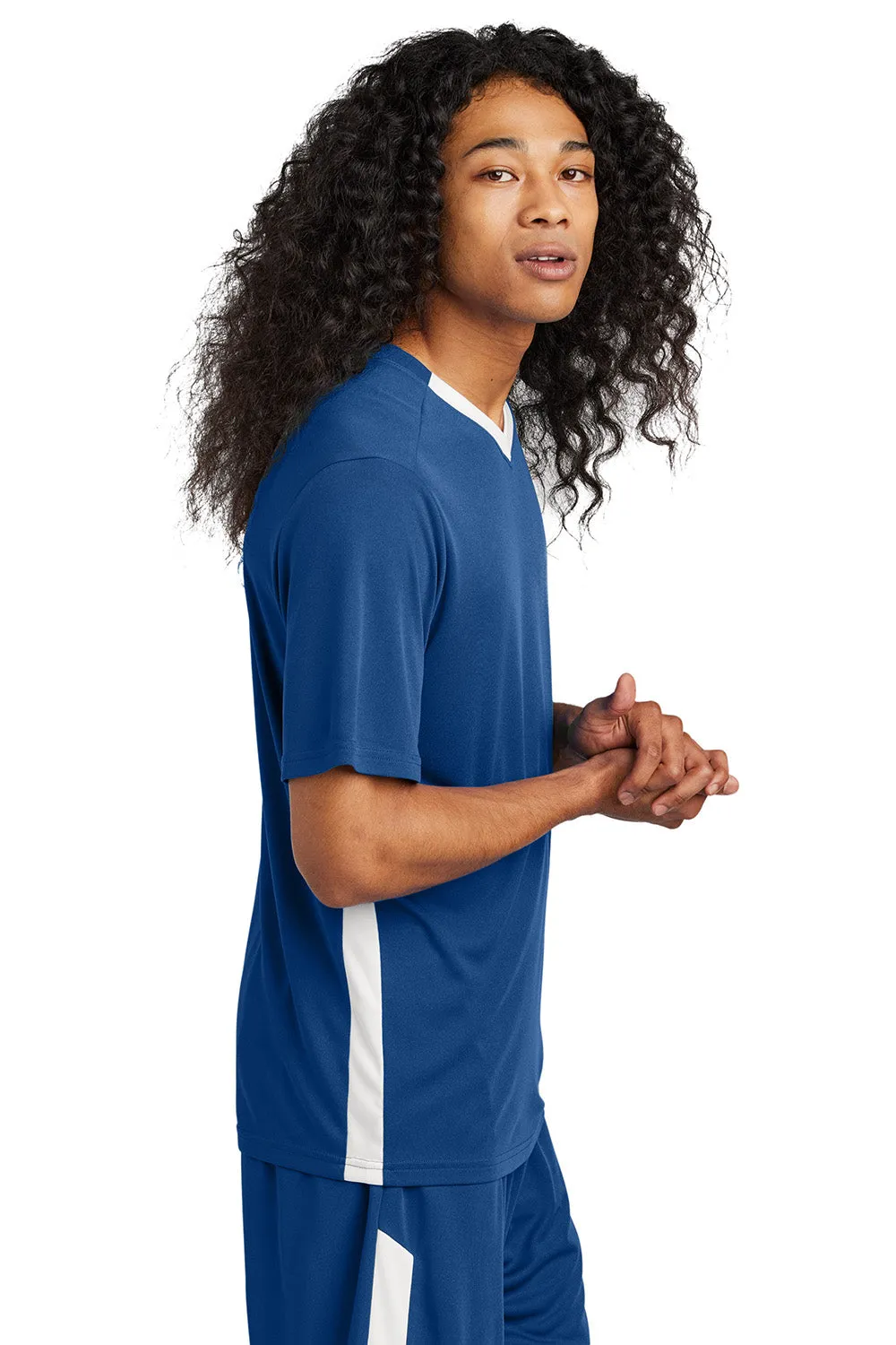 Sport-Tek Mens Moisture Wicking Competitor United Short Sleeve V-Neck T-Shirt - Royal Blue/White - Closeout
