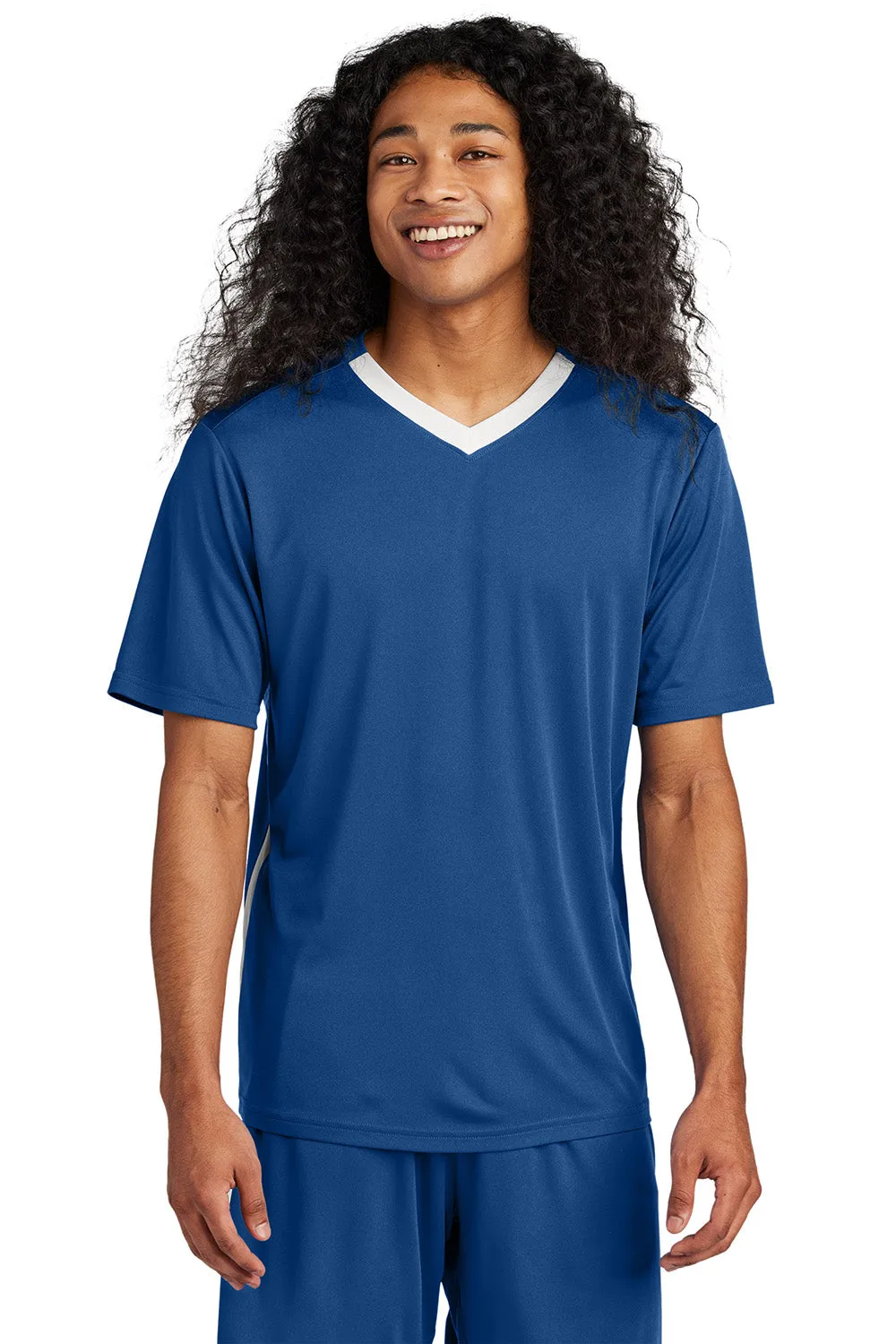 Sport-Tek Mens Moisture Wicking Competitor United Short Sleeve V-Neck T-Shirt - Royal Blue/White - Closeout