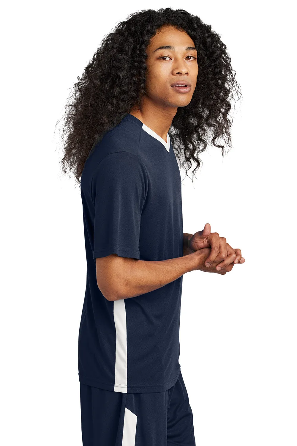 Sport-Tek Mens Moisture Wicking Competitor United Short Sleeve V-Neck T-Shirt - True Navy Blue/White
