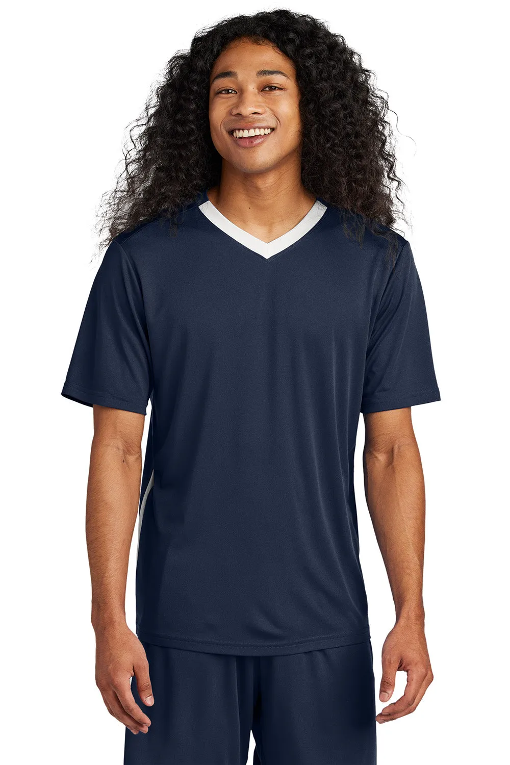Sport-Tek Mens Moisture Wicking Competitor United Short Sleeve V-Neck T-Shirt - True Navy Blue/White