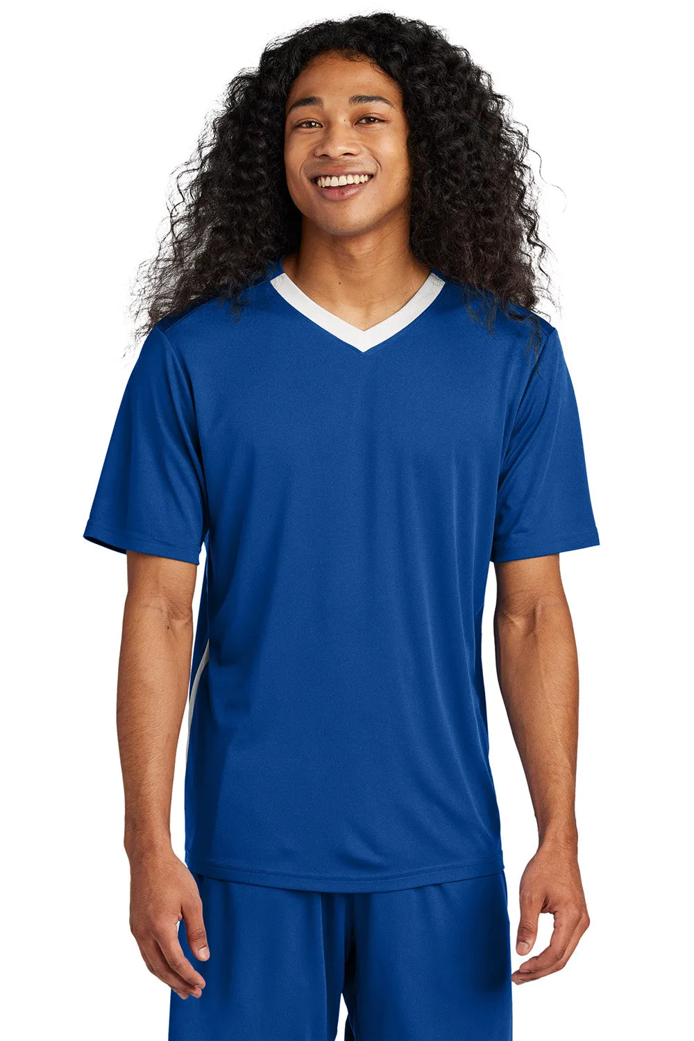 Sport-Tek Mens Moisture Wicking Competitor United Short Sleeve V-Neck T-Shirt - True Royal Blue/White