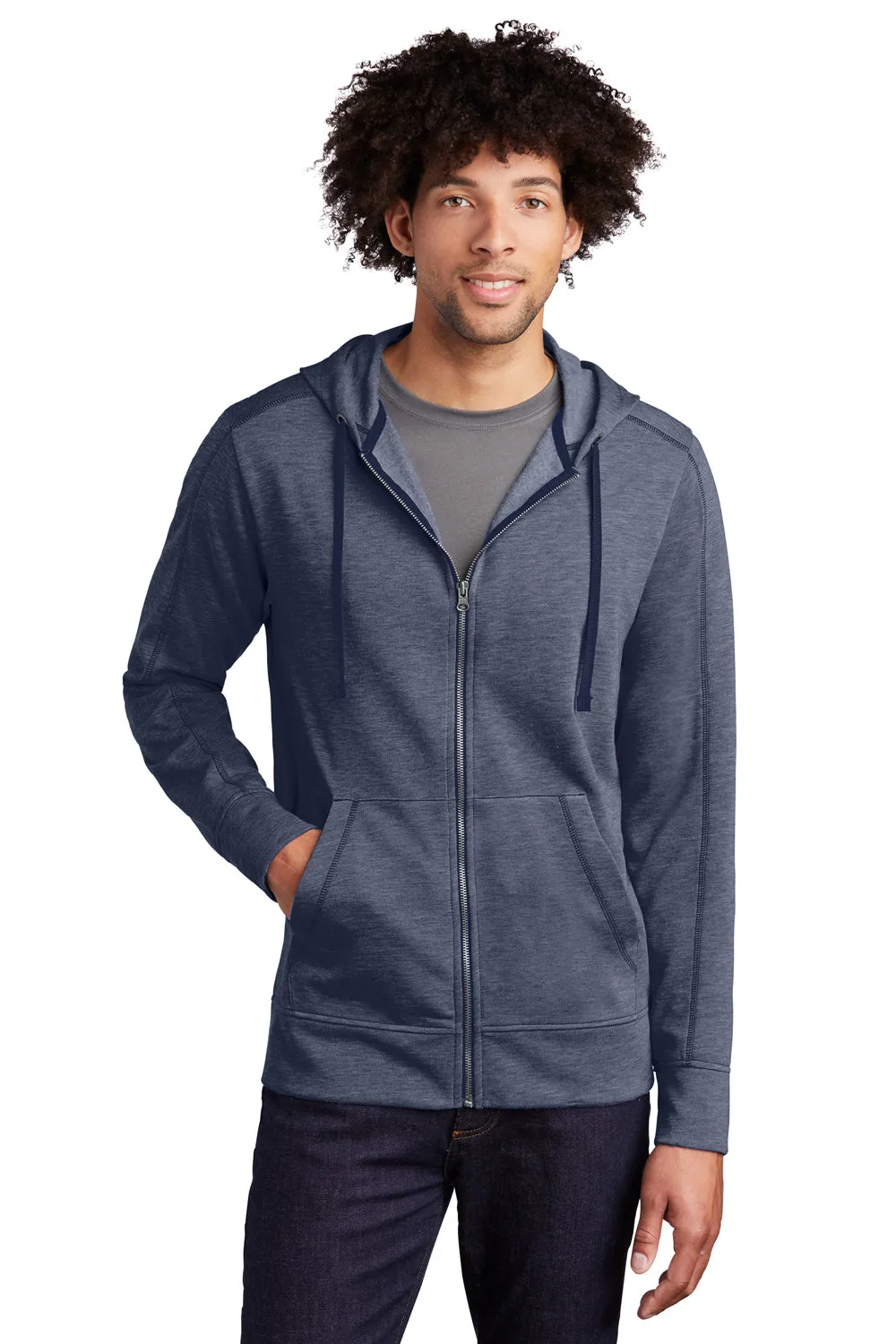 Sport-Tek Mens Moisture Wicking Fleece Full Zip Hooded Sweatshirt Hoodie w/ Pockets - Heather True Navy Blue