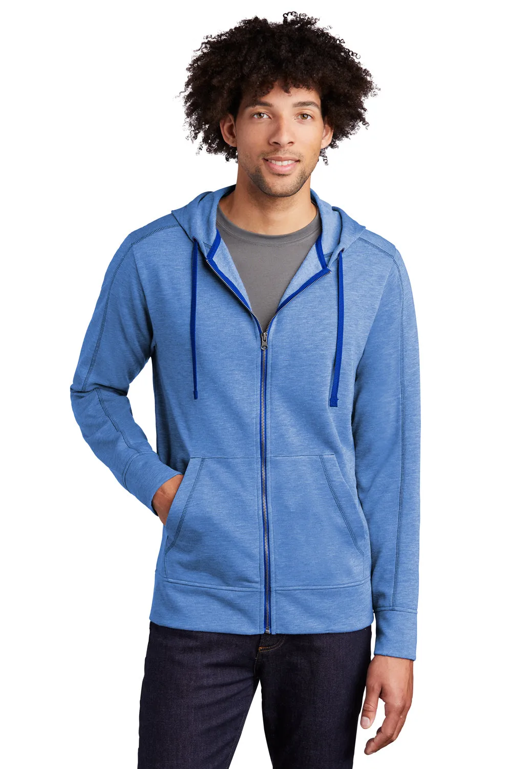 Sport-Tek Mens Moisture Wicking Fleece Full Zip Hooded Sweatshirt Hoodie w/ Pockets - Heather True Royal Blue