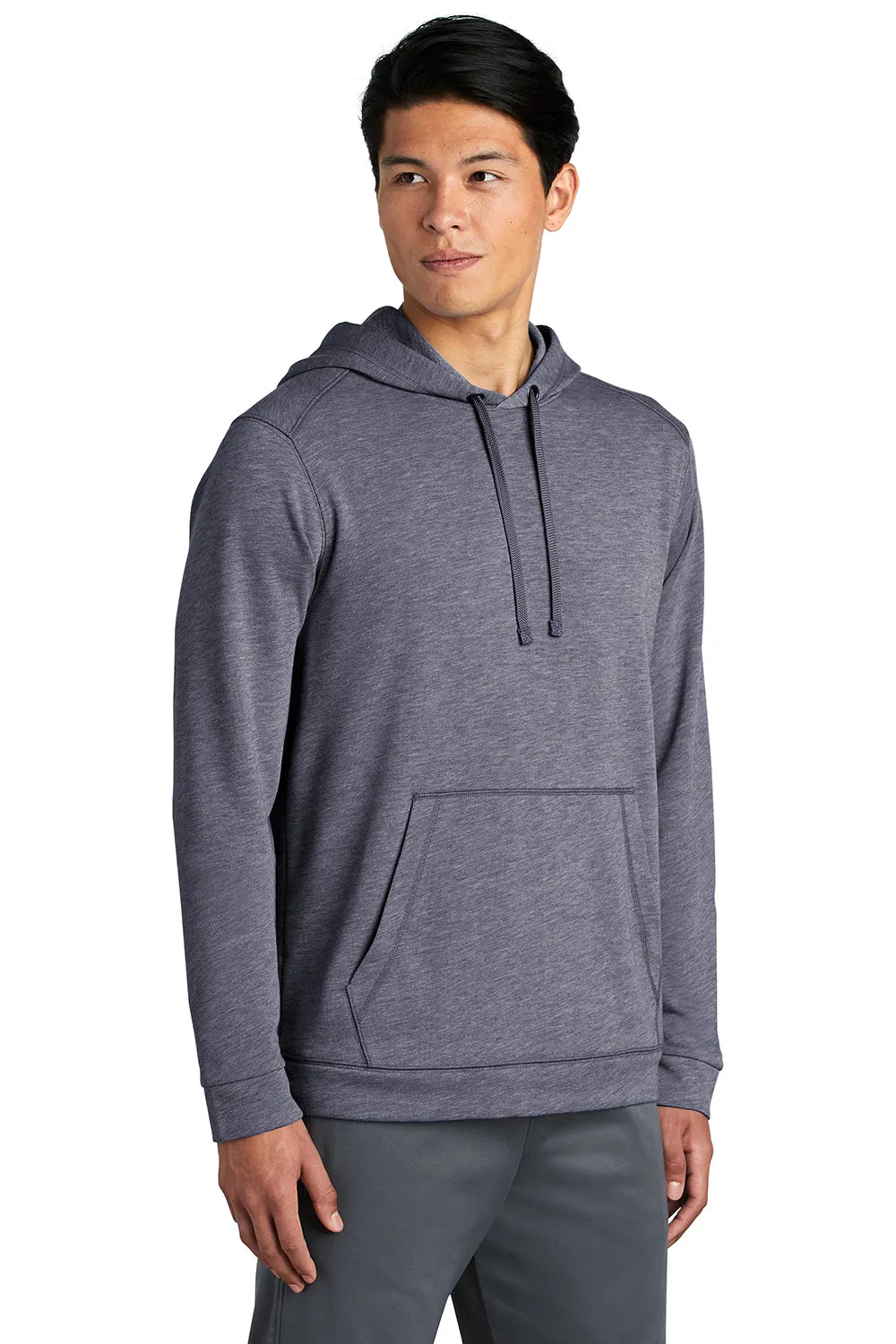 Sport-Tek Mens Moisture Wicking Fleece Hooded Sweatshirt Hoodie w/ Pouch Pocket - Heather True Navy Blue - Closeout