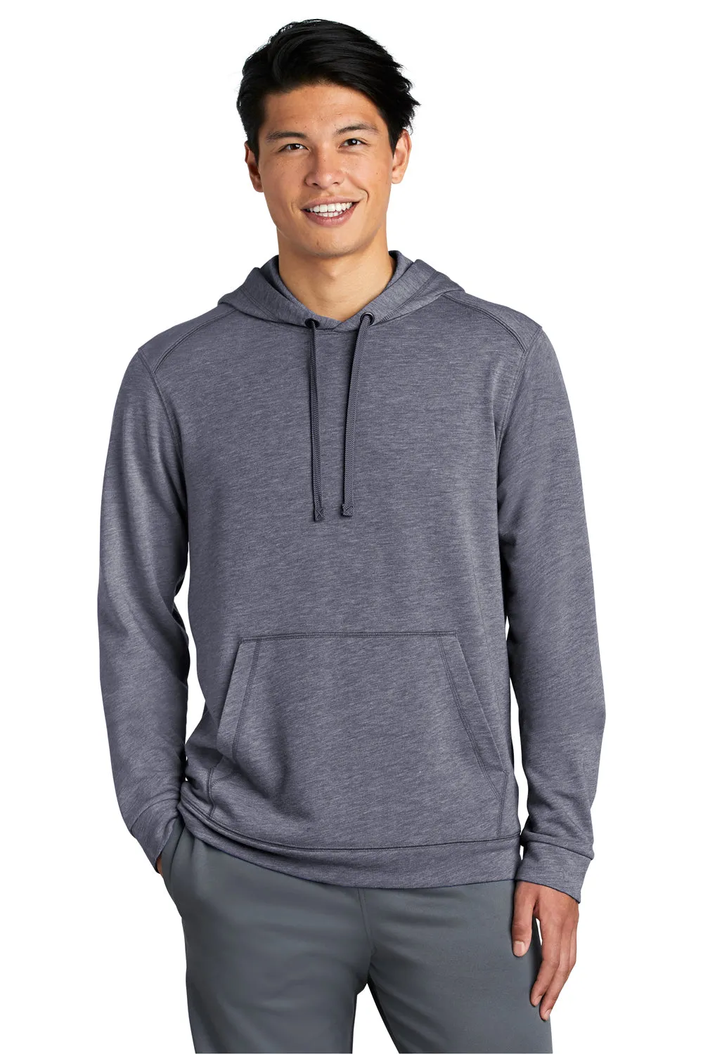 Sport-Tek Mens Moisture Wicking Fleece Hooded Sweatshirt Hoodie w/ Pouch Pocket - Heather True Navy Blue - Closeout