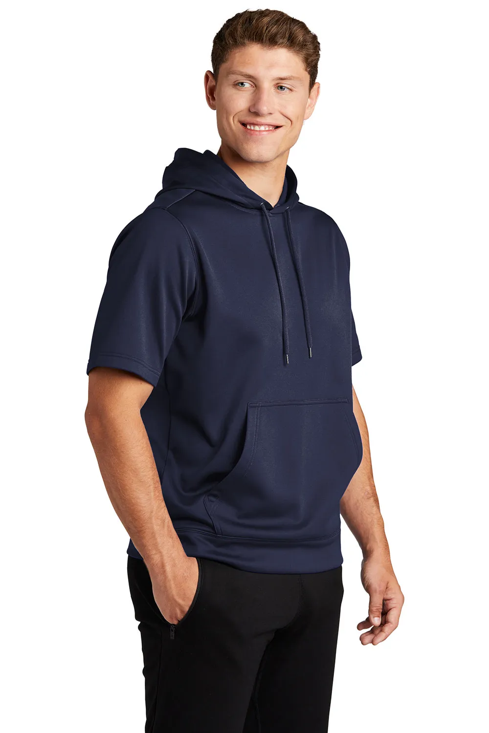 Sport-Tek Mens Moisture Wicking Fleece Short Sleeve Hooded Sweatshirt Hoodie w/ Pouch Pocket - Navy Blue