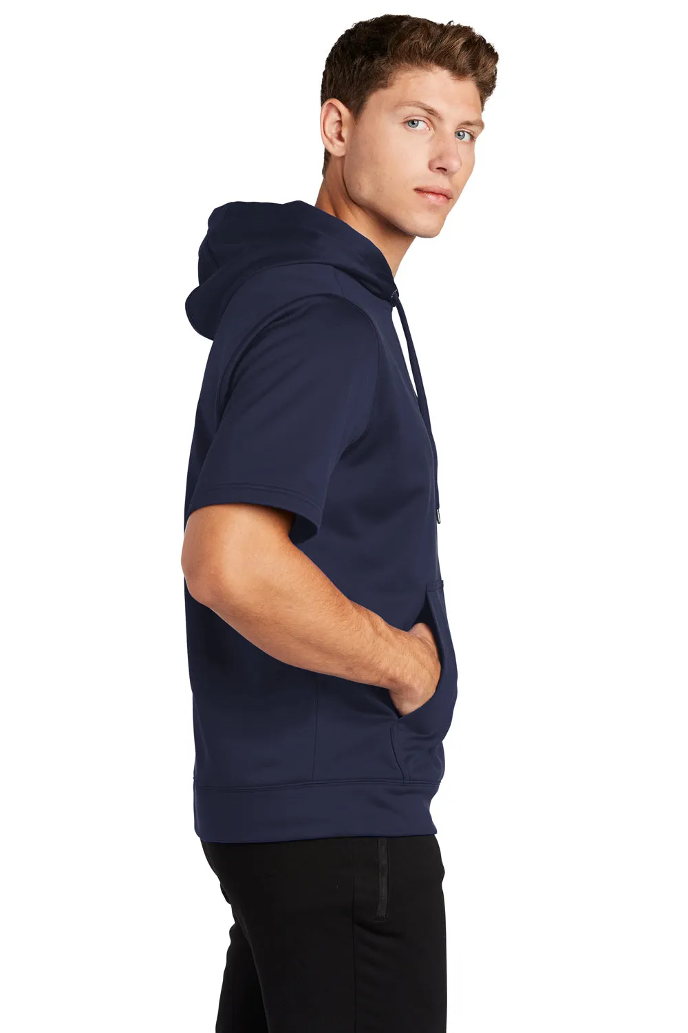 Sport-Tek Mens Moisture Wicking Fleece Short Sleeve Hooded Sweatshirt Hoodie w/ Pouch Pocket - Navy Blue