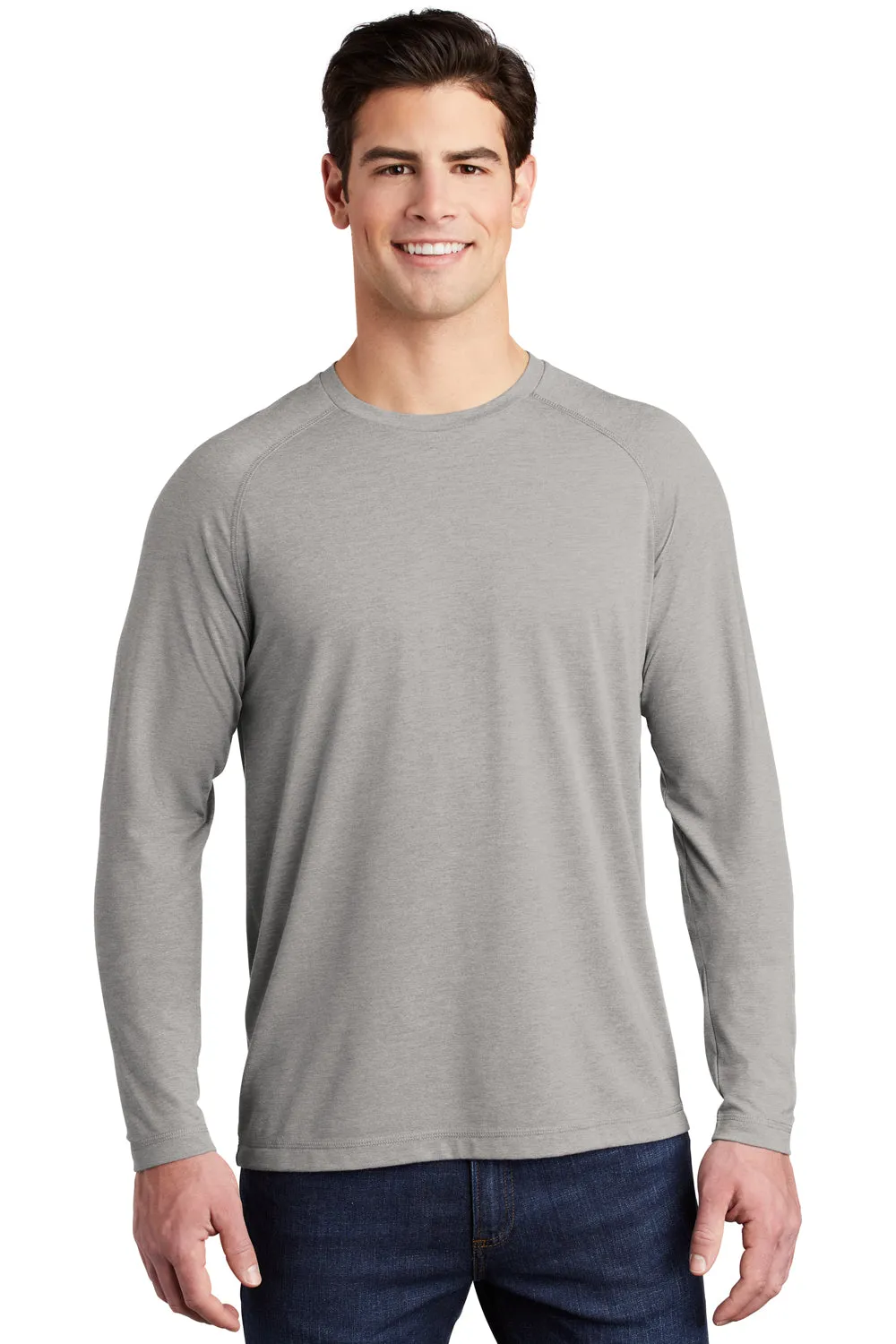 Sport-Tek Mens Moisture Wicking Long Sleeve Crewneck T-Shirt - Heather Light Grey