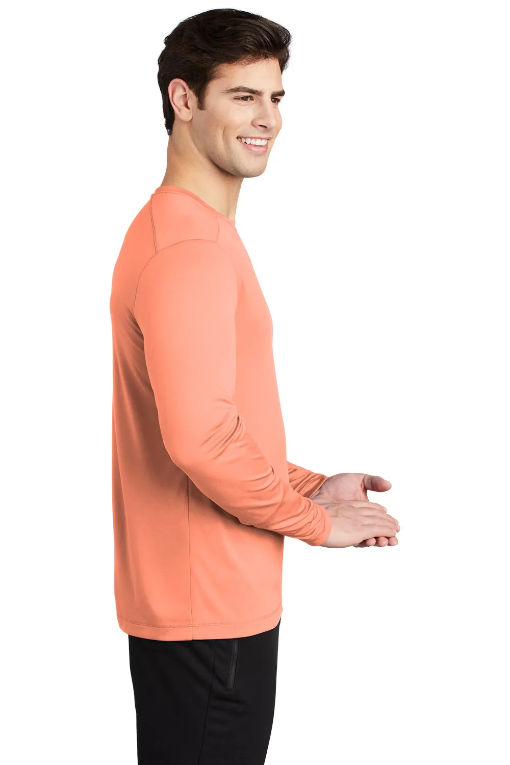 Sport-Tek Mens Moisture Wicking Long Sleeve Crewneck T-Shirt - Soft Coral Orange